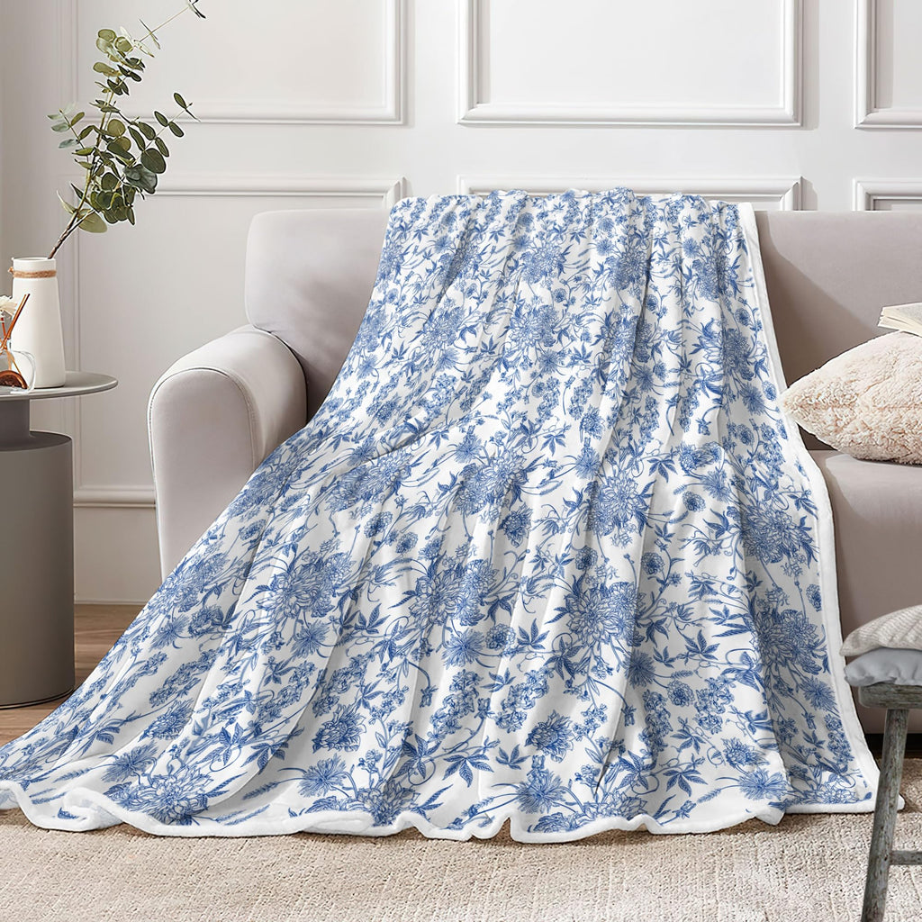 Floral Blanket Blue Floral Throw Blanket, Botanical Flowers Blankets, Soft, Flannel, Warm, Boho Flowers Bed Blankets