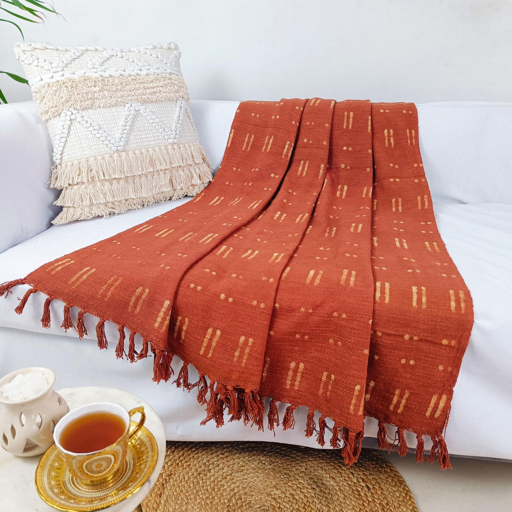 Star Authentic Handloomed Throw, 100% Cotton Soft Tassel Blanket, Mudcloth Print Throw, Block Print Throw Blanket for