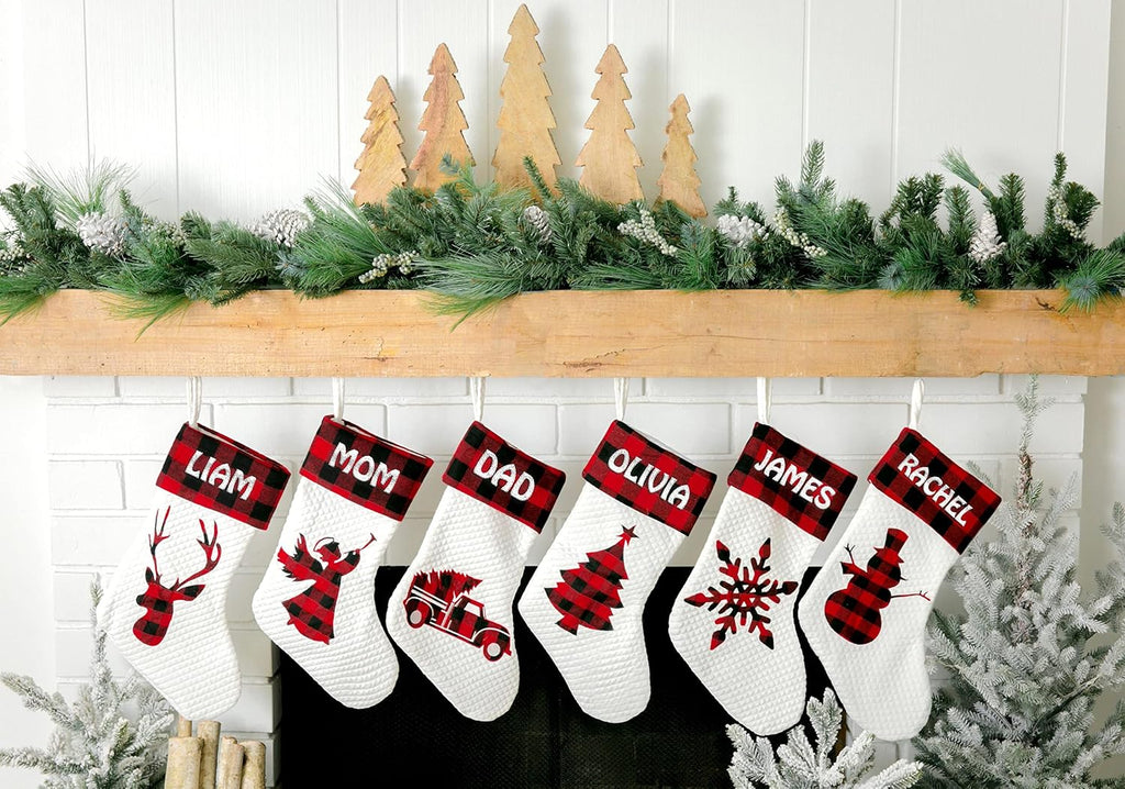 (20 inch) Embroidered Name Linen Burlap Red Tree Snowflake Rustic Farmhouse Fireplace for Family Decorations Holiday