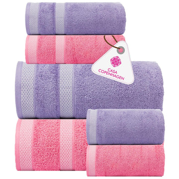 Solitaire 6Pcs 100% Egyptian Cotton Large Designer Towels Gift Set- Lavender - Pink, 2Bath 2Hand 2Washcloths, Bath
