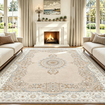 8x10 Area Rugs, Beige Neutral Persian Floral Distressed Non-Slip Washable Rug, Soft Thin Low Pile Traditional Ornate