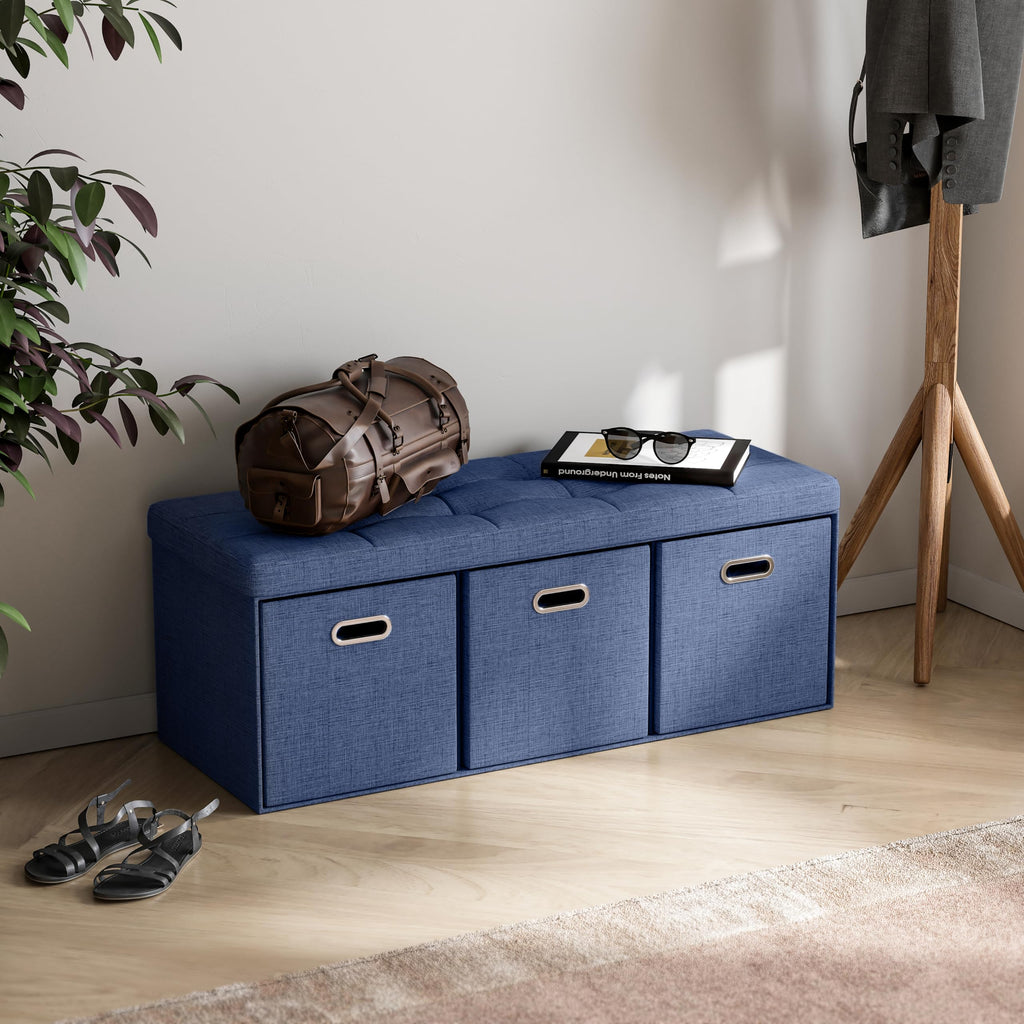 40 Inch Storage Ottoman with 3 Drawers, Tufted Linen, Navy Blue