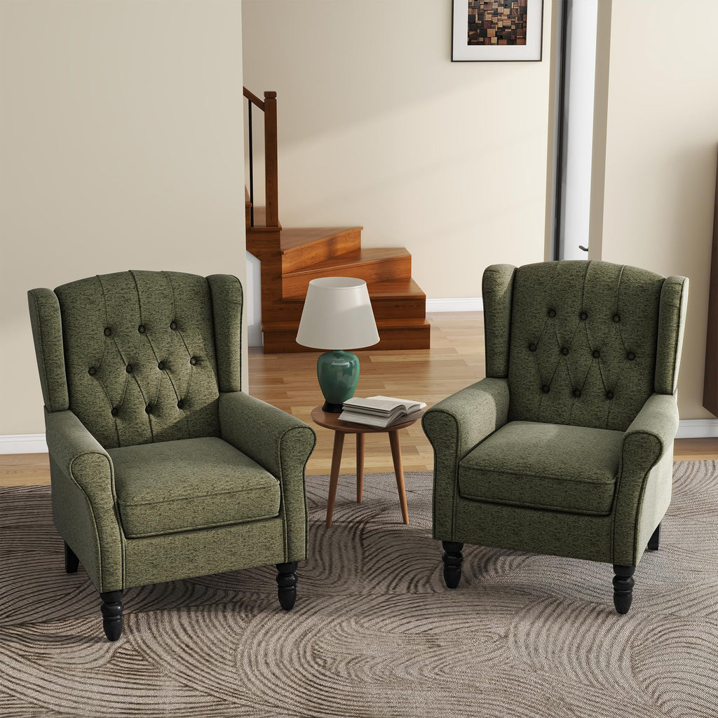 High Back Accent Chairs Set of 2, Wingback Armchair in Fabric, Green
