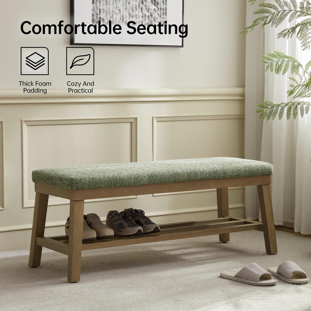 Entryway Bench, Storage Shoe Bench with Rubberwood Legs, Green | Shoe Rack Bench with Cushion, Soft Chenille Fabric