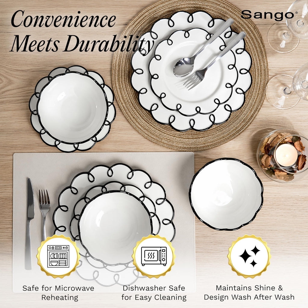 12-Piece Stoneware Dinnerware Set for 4, Glossy White Plates and Bowls Sets with Black Scalloped Rims, Premium Dish