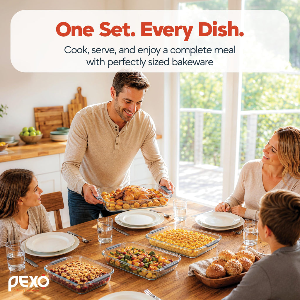 8 Piece Glass Baking Dish Set with Lids, BPA Free, With Easy Grip Slide On Silicone Handles (1.06QT, 1.69QT, 2.32QT