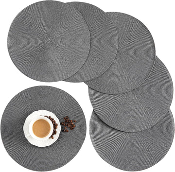 Round Placemats, Crossweave Heat Resistant Classic Woven Round Place Mats Diameter 13.5 inch Table (Dark - Set of 6