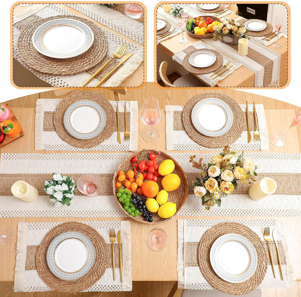 Boho Table Runner and Placemats Set, 6 Sets, Brown, 12x72 - Set of 6