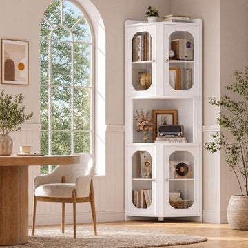 69" Tall Corner Storage Cabinet, 5-Tier Corner Hutch with Glass Doors, White