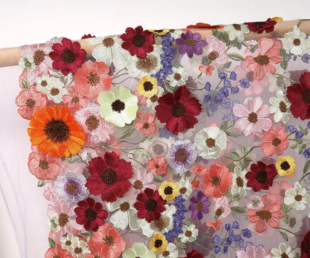 Multicolor 3D Flowers Embroidery Lace Fabric (White Background, 1 Yard)