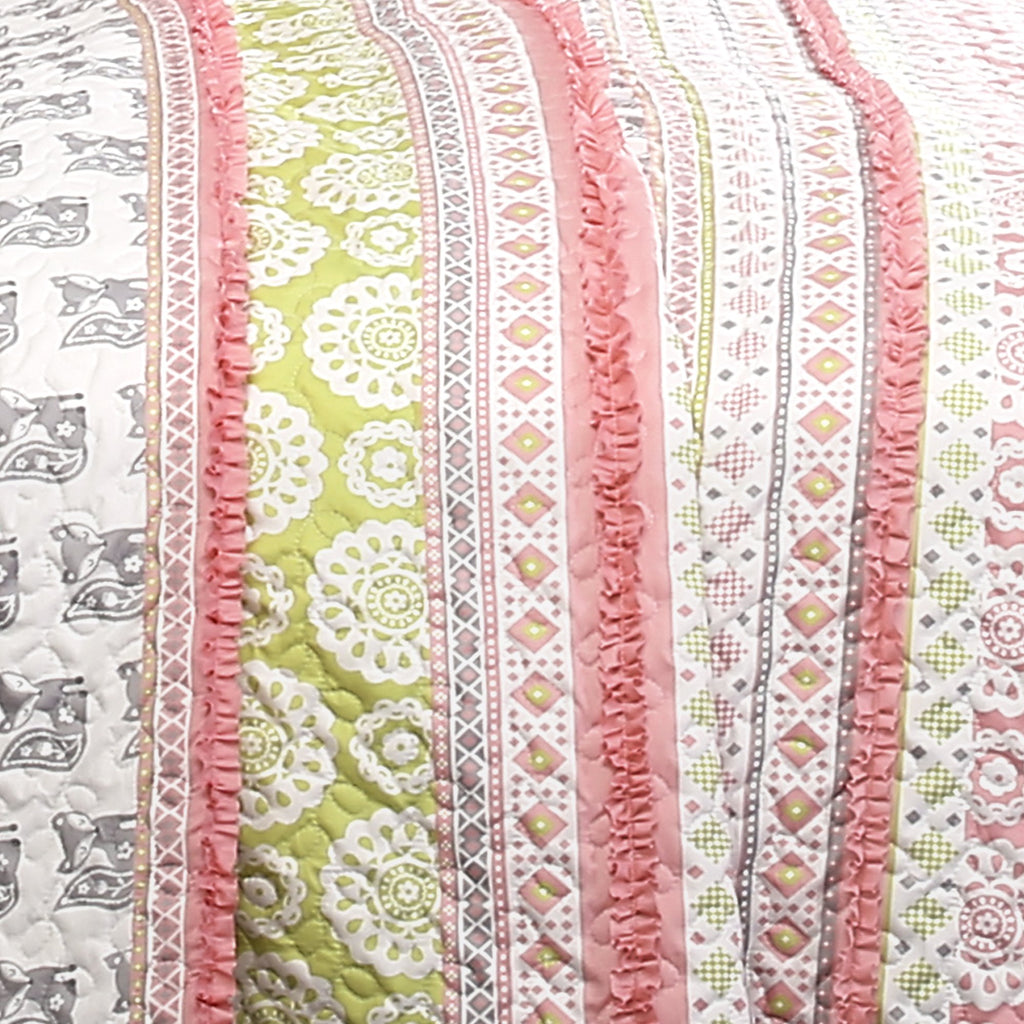 Fox Ruffle Stripe 4 Piece Quilt Set, Twin, Pink/Gray
