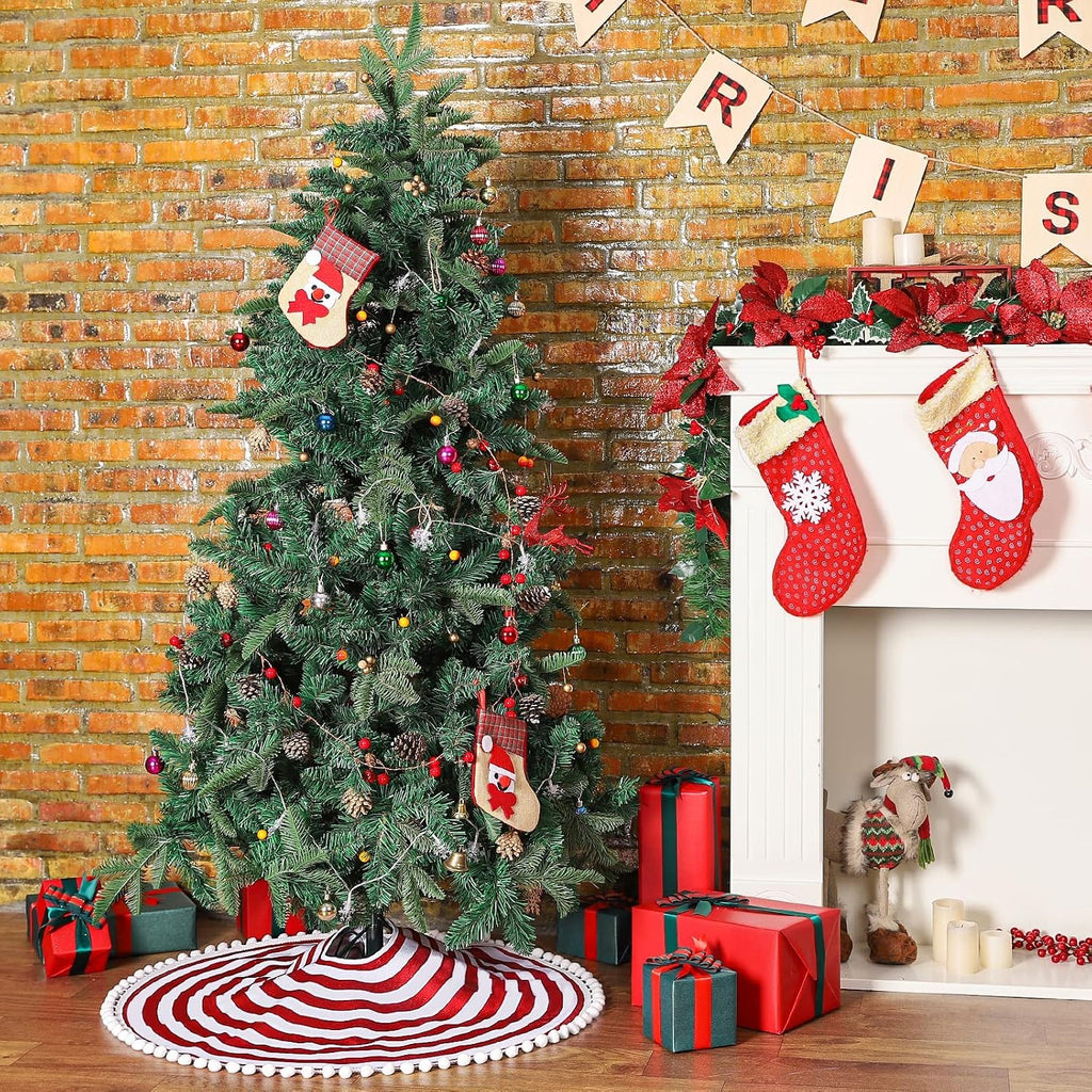Christmas Tree Skirt, 30'' Red White Rings Stripes with Pom Pom Trim