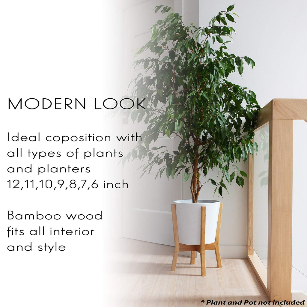 Plant Stand Mid Century Indoor, Bamboo, Wooden, Adjustable (8-12 Inch), Tall Modern Plant Holder X (Planter Not