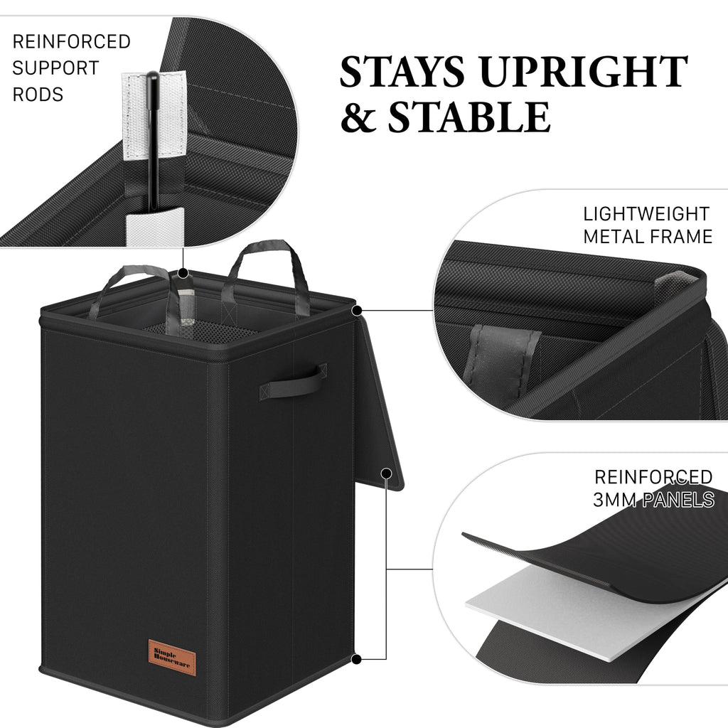 Foldable Laundry Hamper Basket with Lid and Bag, Black