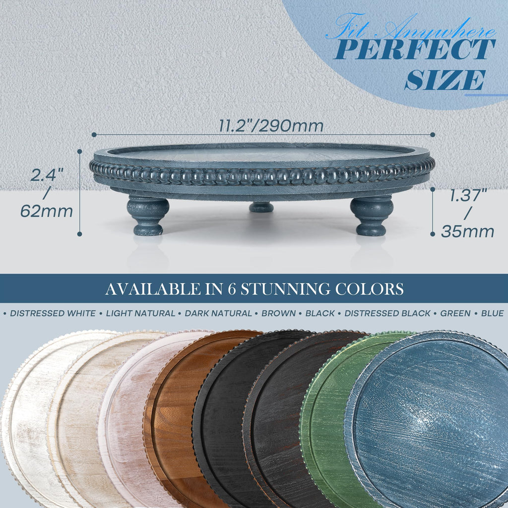 Round Wood Riser Counter, Beaded Decorative Tray, Blue