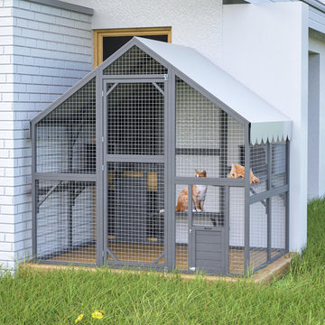 28ft2 Large Outdoor Cat House, Luxury Wooden Walk-in Catio Enclosure with 2 Doors & 2 Hiding Houses, Escape-Proof