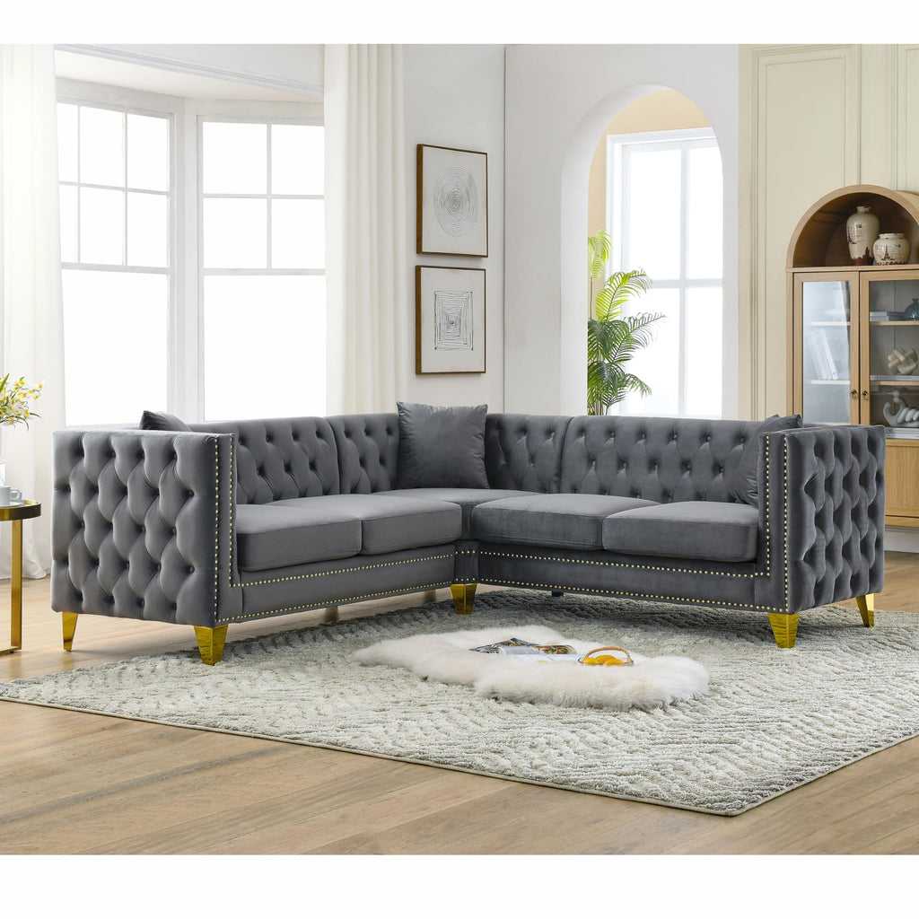 82.2" Tufted Velvet Corner Sofa, 5 Seat L-Shaped Sectional Couch, Buttons Tufted Square Arm Couch Apartment, Gray