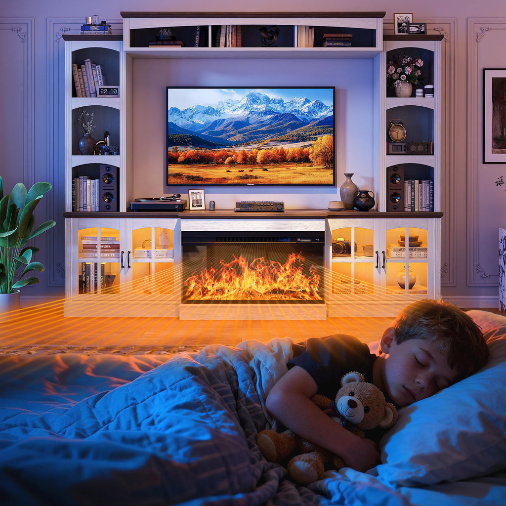 98" Farmhouse TV Stand with 36" Electric Fireplace, Bookshelves, Fits 75" TVs, Entertainment Center with Storage