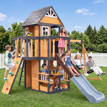 Kids Playground Wooden Swing Set Garden Lawn Play House, Natural | Solid Pine, Kids' Playground, ASTM Safety Norms