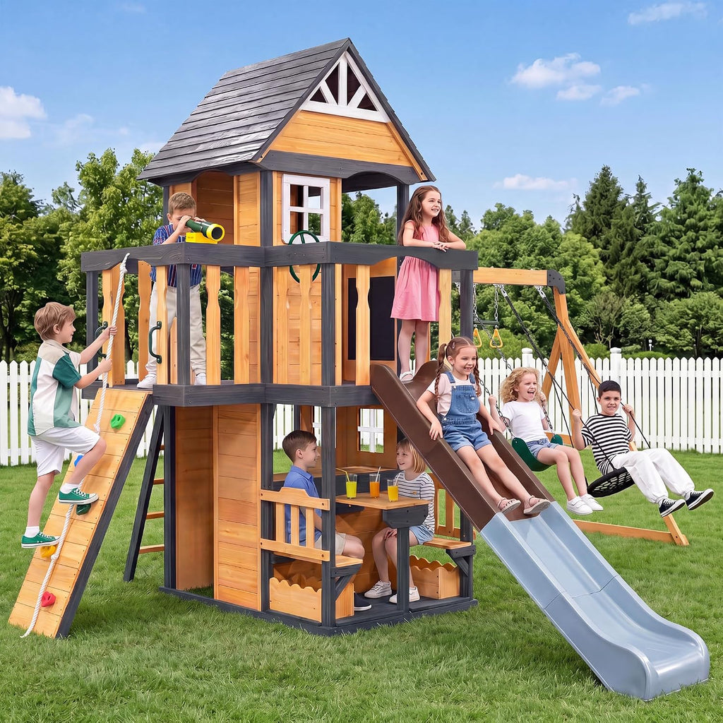 Wooden Swing Sets Playground with Slide Outdoor Playset All in One Whi