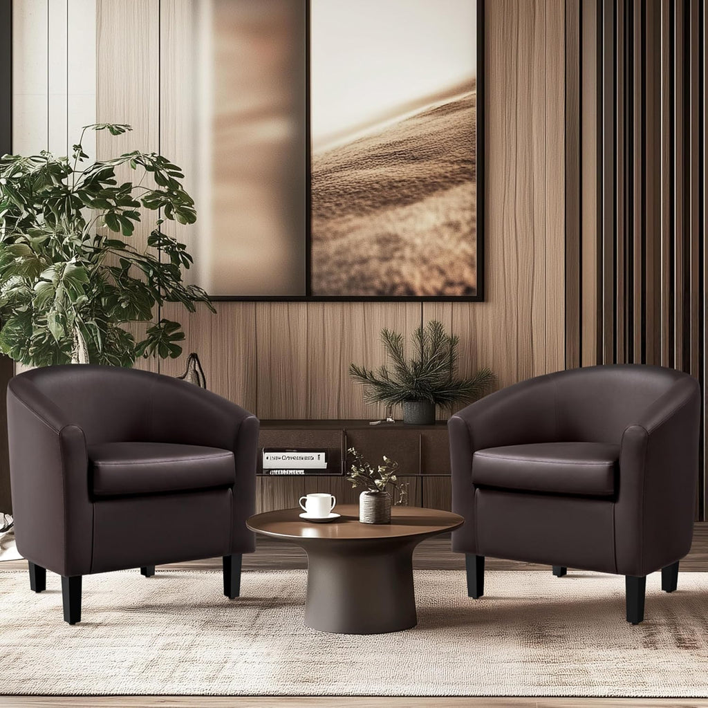 Accent Chairs, Faux Leather Barrel Armchairs Espresso - Set of 2