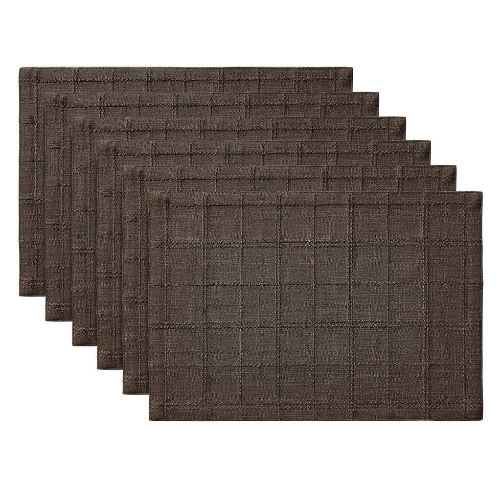Linen Checked Farmhouse Placemats Set of 6, Chocolate 13x19in