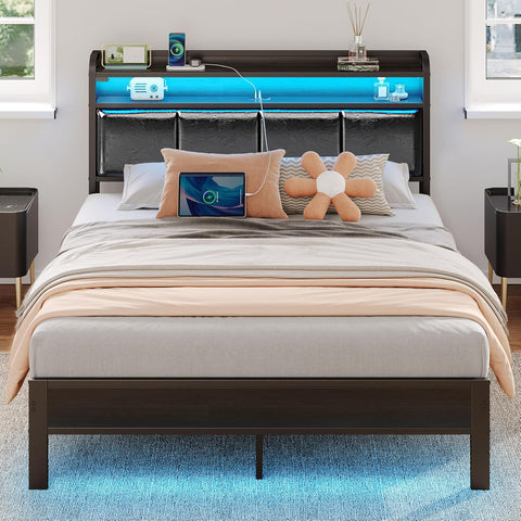 Bed Frame Full with Charging Station and LED Lights, PU Leather Headboard with Storage Shelves, Heavy Duty Metal Slats