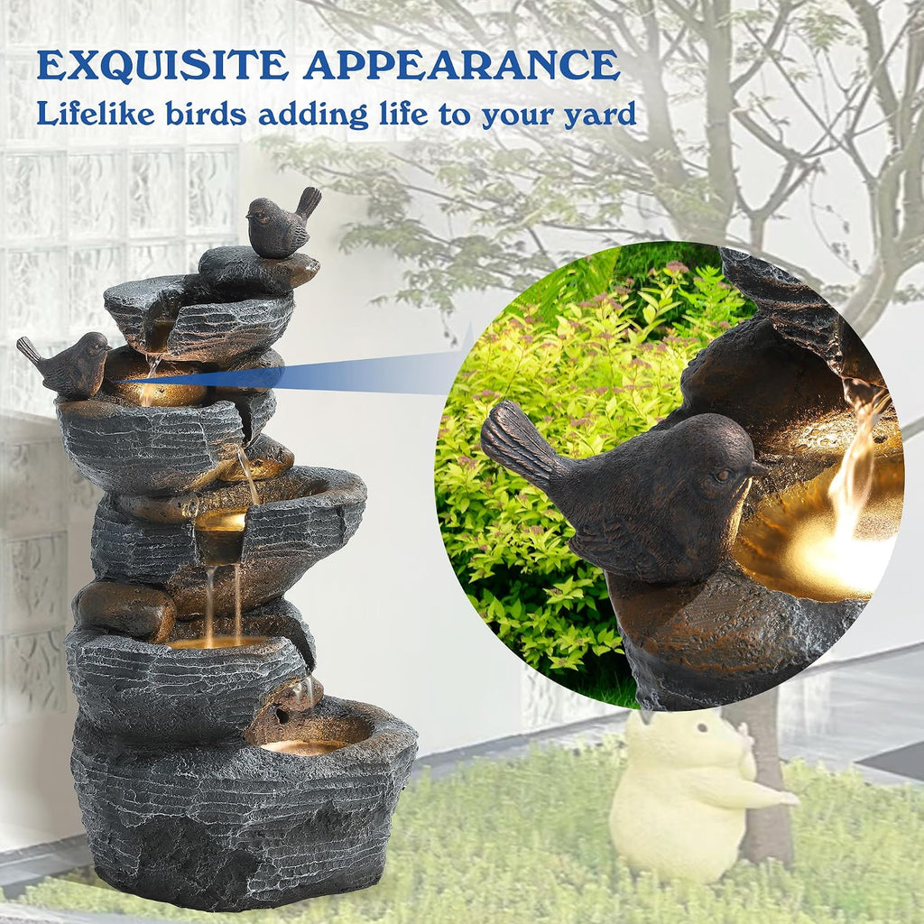 5-Tiers Cascading Rock Water Fountain Outdoor, Waterfalls Fountains | Garden Freestanding Resin Water Feature