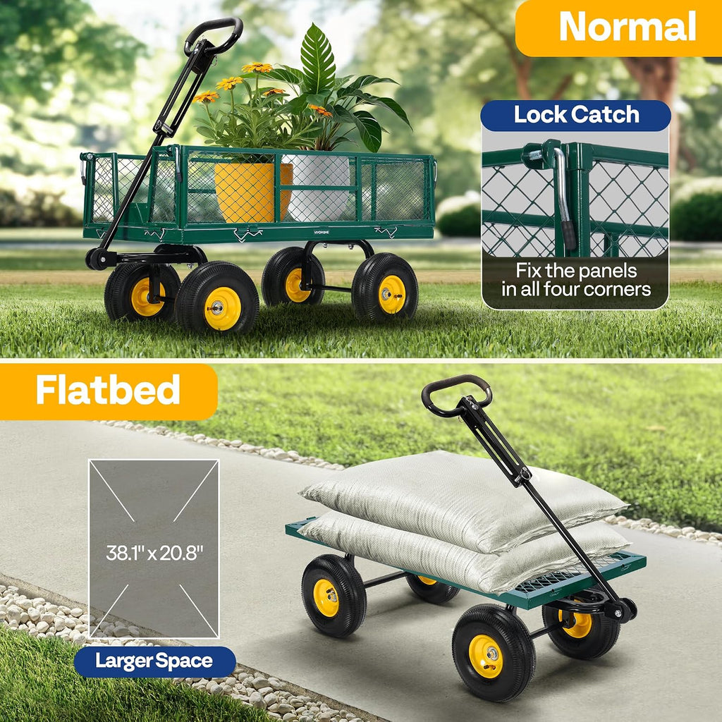 Steel Garden Cart Heavy Duty 900 LBS 4.5 Cu Ft Utility Wagon | Removable Sides, 10 inch Tire and Handle Attach to ATV