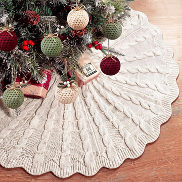 48 Inch Chunky Cable Knit Christmas Tree Skirt Beige