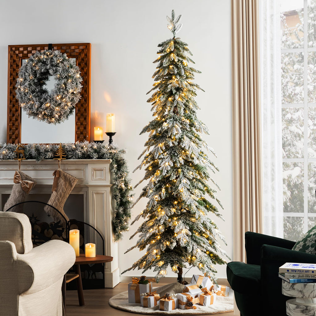 7.5ft Prelit Flocked Pencil Spruce Artificial Christmas Tree
