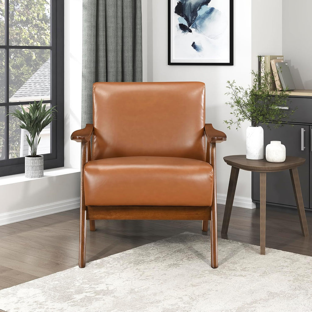 Faux Leather Accent Chair with Walnut Wood Frame, Brown
