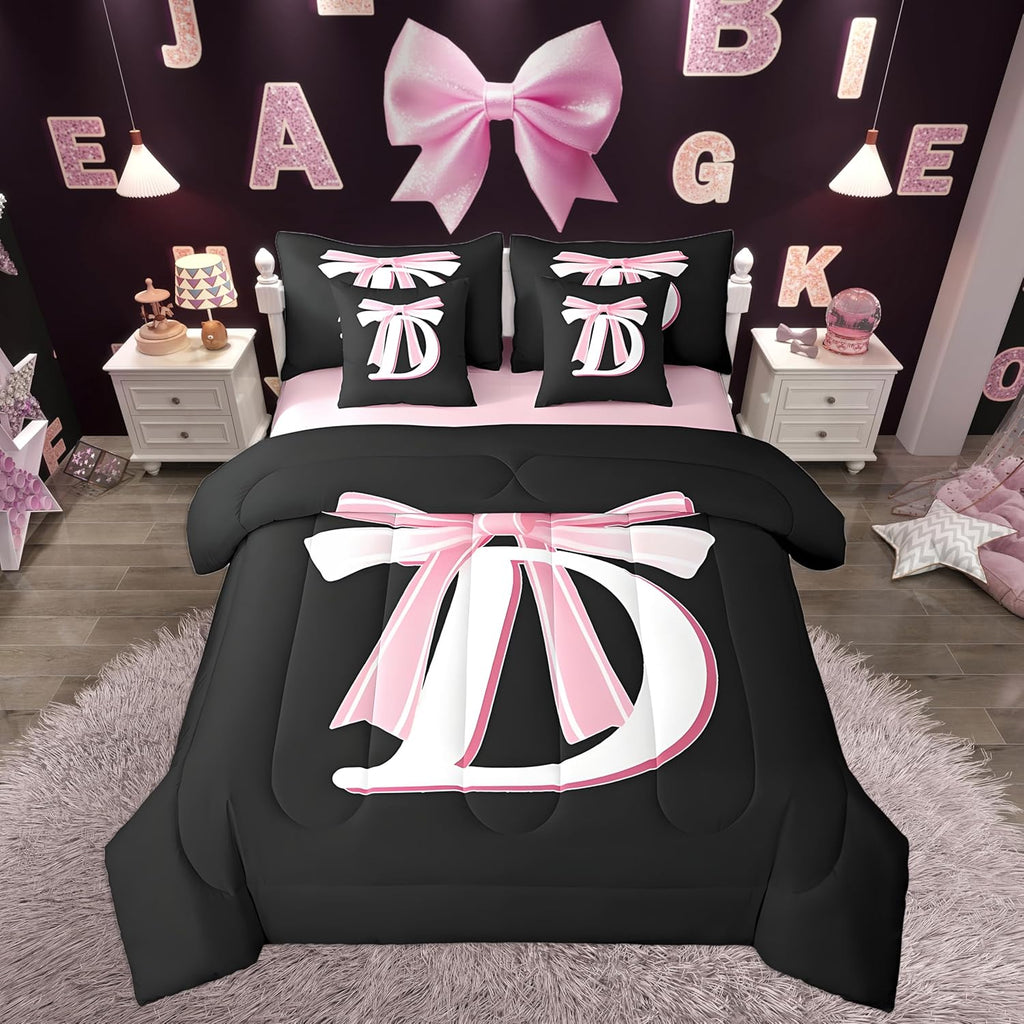 Jejeloiu Kids Girls Black Pink Bow Comforter Set with Sheets Queen Monogrammed 7 Piece Bedding Set Personalized