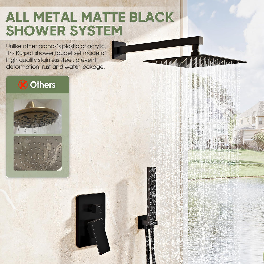 Black Shower System, Wall Mounted Shower Faucet Set with Valve, 10-Inch Rainfall Shower Head with Handheld Combo