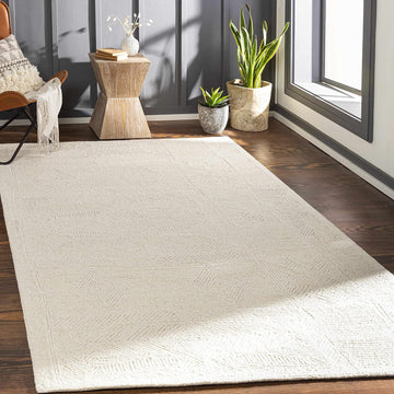 Cork Wool Area Rug - Geometric Border Diamond Abstract Trellis - Bohemian Transitional Modern Contemporary Minimalist