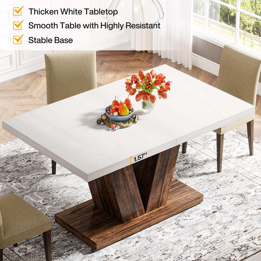 47-Inch Dining Table for 4, White Kitchen Dinner Table with Heavy Duty Pedestal, Farmhouse Wooden Eating Table