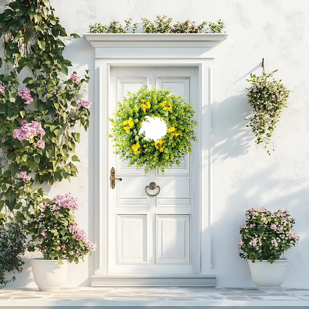 24" Large Eucalyptus Wreath for Front Door - All Season Artificial Greenery Wreath with White & Yellow Blossoms