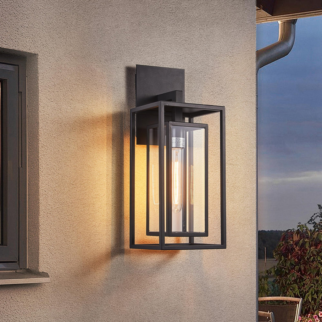 18"Ht Modern Industrial Outdoor Wall Light Fixture with Textured Black Anti-Rust Metal and Clear Glass, Wet Rated for