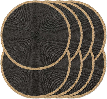 Round Placemats, Woven Table Mats, Thin Edge, Black - Set of 8