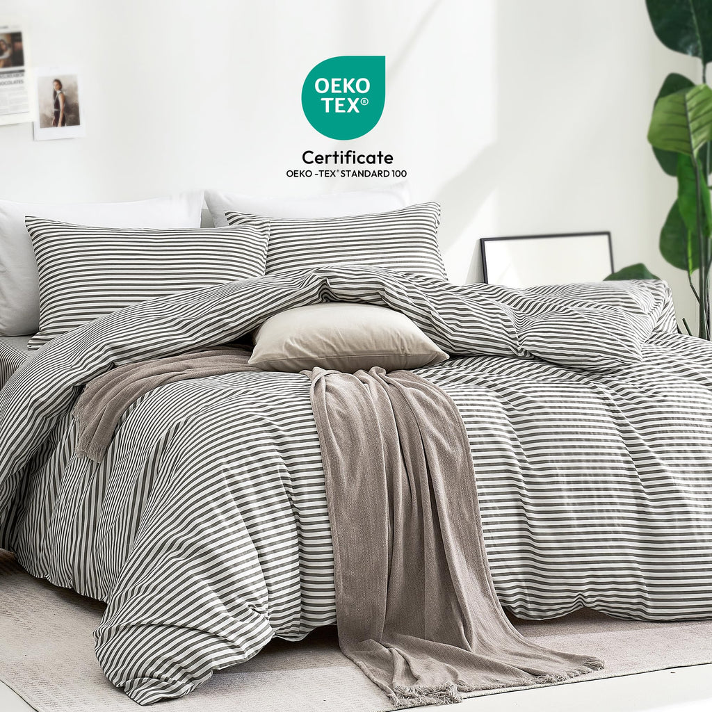 100% Cotton Classic Striped Duvet Cover Set, Grey