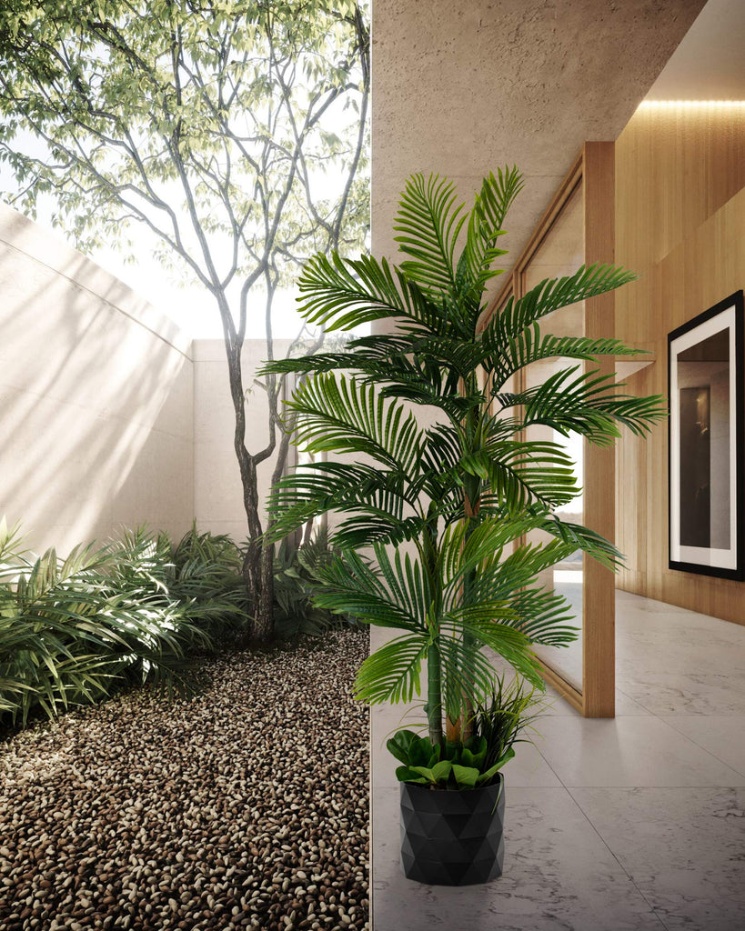 Deluxe 78" Golden Cane Palm Artificial Tree + Premium Fiddle Leaf Foliage in 8" Base + 12" Plant Pot Skirt + Bonus