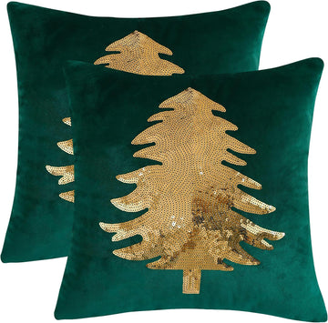 Christmas Pillowcases 18 x 18 inch Dark Green Xmas Tree Sequins Throw Pillow Cover Christmas Pillow case - Set of 2