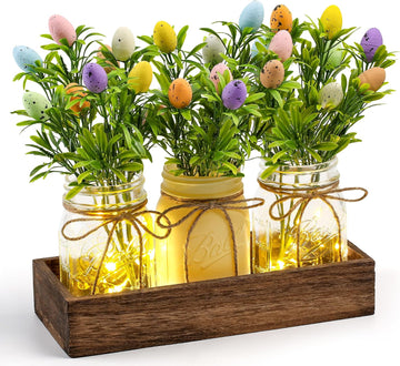 Easter Centerpiece Table Decorations for Table Runner Farmhouse Coffee Table Decor with Wood Tray and Led Light Table - Set of 3