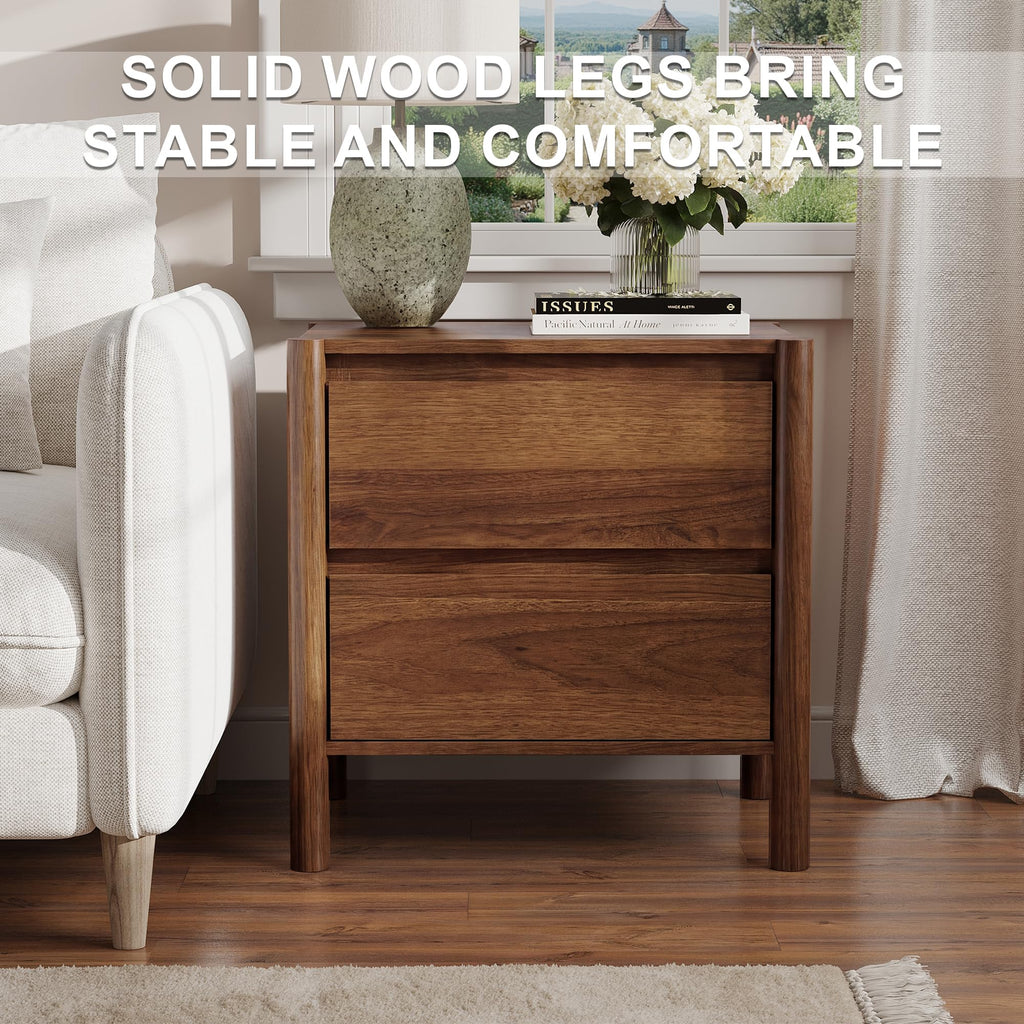 2 Pcs Walnut Nightstand Set, 2 Drawer Bedside End Table