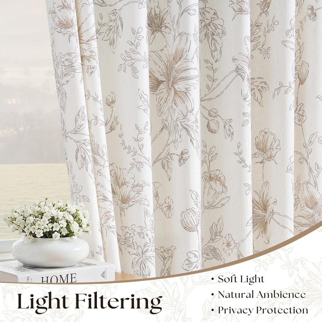 Light Brown Floral Linen Pleated Curtains 84 Inch Long for Bedroom Light Filtering Farmhouse Vintage Peony Lily