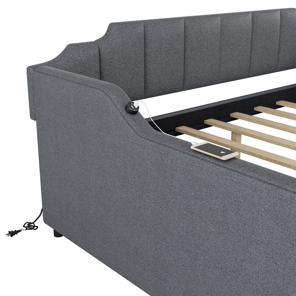 Full Upholstered Daybed with Pop up Trundle, Extendable Sofa Bed Full Daybed with USB Charging and Adjustable Trundle