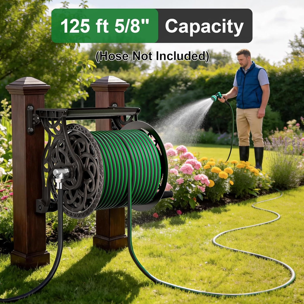 Garden Hose Reel Wall Mount Metal, Holds 125 ft x 5/8" Decorative Water Hose Holder for Outside Storage, Heavy Duty