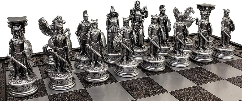 Greek Mythology Olympus Gods Zeus vs Poseidon Pewter and Bronze Color Chess Set with 17" Greek Board - Set of 32