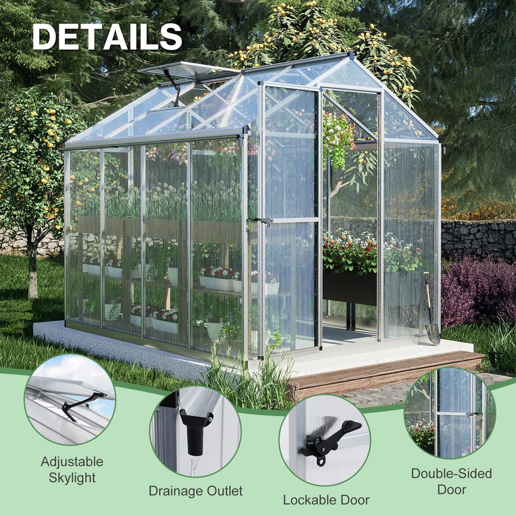 6 x 8 Ft Walk-in Greenhouse with Gutter, Adjustment Skylight
