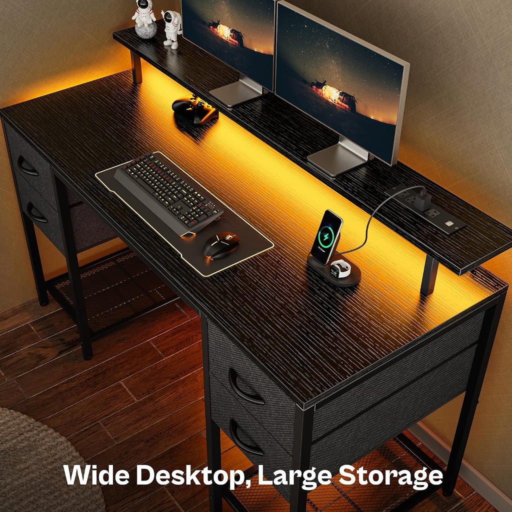 55 inch Computer Desk with Power Outlets & 4 Drawers | Gaming Desk with LED Lights, Home Office Desk with Large